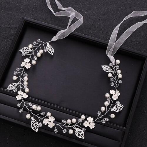 Silver color Crystal Pearl Wedding Headband Flower tiara Bridal Hair Accessories Bride Headpiece Handmade Weding Hair Jewelry