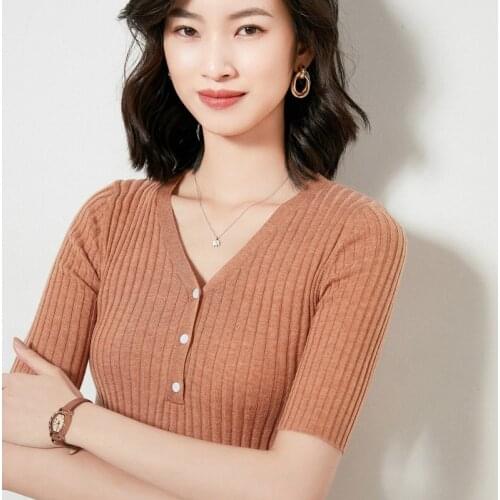 2021 Spring Autumn Thin Womens Sweater Knitted Ribbed Pullover Sweater Short Sleeve V-neck Slim Jumper Soft Warm Pull Femme