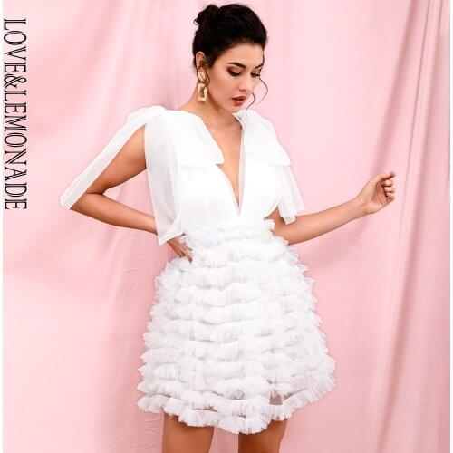 LOVE & LEMONADE Sexy White Mesh Deep V-neck Stacked Ruffled Puff Open Back Mini Party Dress LM82389