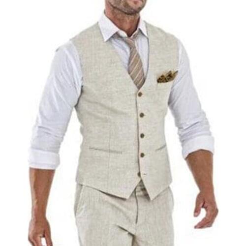 Beige Linen Casual Waistcoat for Men Summer V Neck Single One Piece Suit Vests Male Fashion Coat New Arrival
