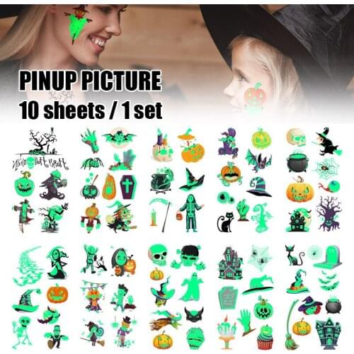 2021 10 Sheets Halloween Festival Tattoo Stickers Luminous Child Kid Temporary Fake Tattoos Glow Paste for Children Body Sticker