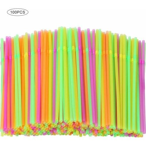100Pcs Fluorescent Plastic Bendable Drinking Straws Disposable Beverage Straws Wedding Decor Mixed Colors Party Supplies
