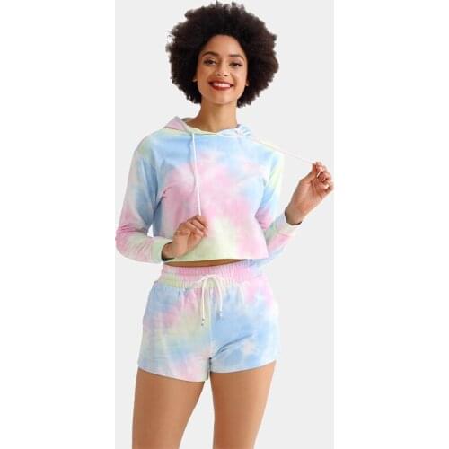 2Pcs/Set Tie Dye Crop Sweater+Leisure Shorts Gym Sport Sets Women Cotton Hooded Fitness Workout Long Sweater+Shorts