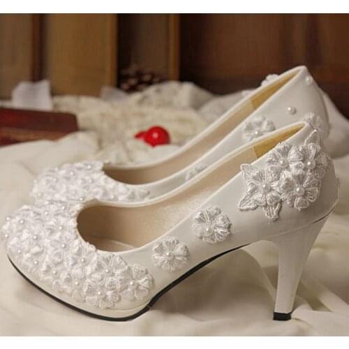 9CM high heels Ivory lace pearls wedding pumps shoes bridal handmade plus size lace flower bride party pumps shoe