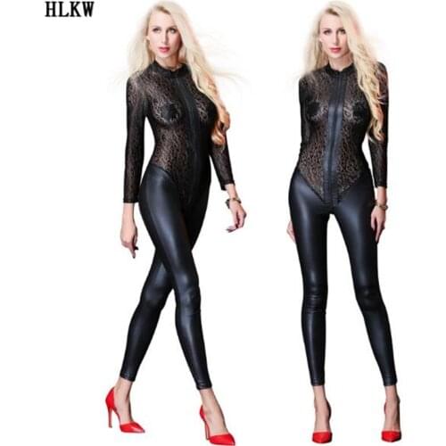 PU Leather Fabric Bodysuit Women Sexy Rompers Womens Jumpsuit Open Crotch Double Zipper Nightclub Latex Catsuit Transparent