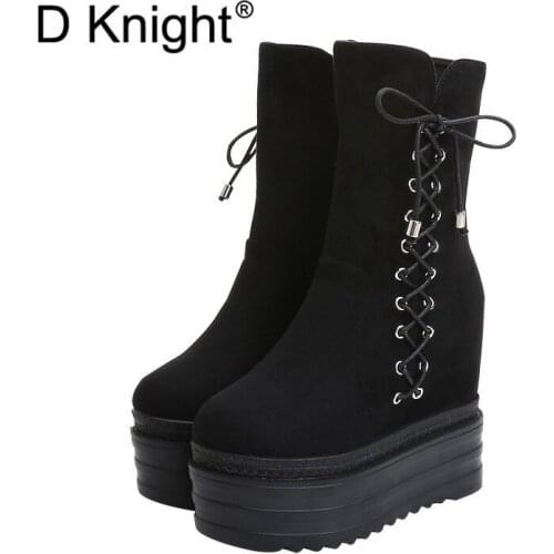 Punk Bow Tie Thick-Soled Ankle Boots High Heels shoes For Women Korean Black 13cm Super High-Heeled Zipper Ladies Platform Boots