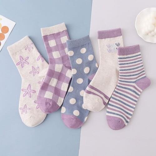 5pairs/lot LOVLY LADY purple cotton motion short/Medium stockings Chaussettes colorées Meias coloridas Calcetines de color