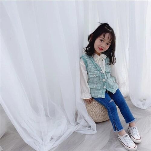 Autumn Girls Knitted Vests V-neck Multi Pockets Children Sleeveless Jacket Casual Sweet Baby Kids Waistcoat Costume 24M-8T