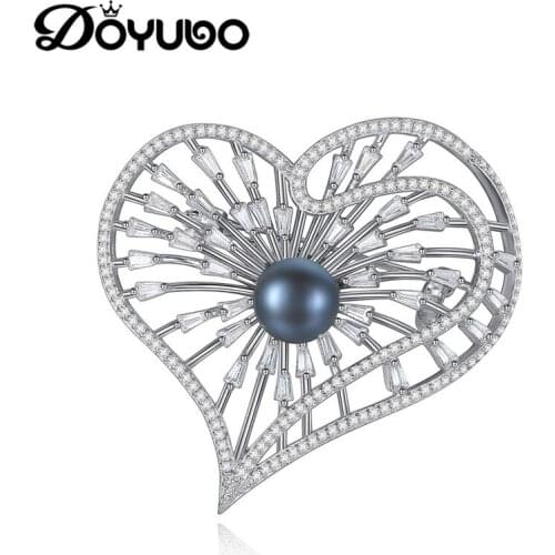 DOYUBO Lady Lovely Heart Shape Black Freshwater Pearl Brooch Luxury Design Solid Silver Cubic Zirconia Brooch Fine Jewelry VH011