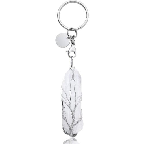 FYSL Silver Plated Circle Wire Wrap Geometric Shape Clear Quartz Key Chain Tiger Eye Stone Jewelry