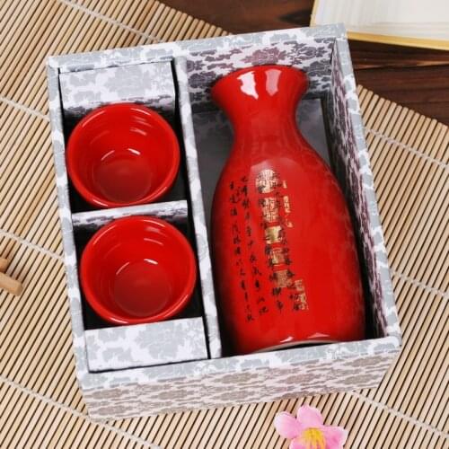 Chinese wedding gift red Japanese ceramic sake wineware white rice wine pot cup 3pcs