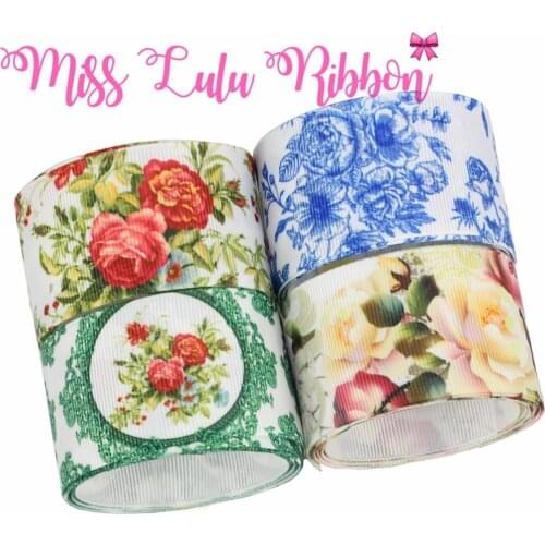 16mm-75mmFlower Series Pretty Rose Printed Grosgrain/Foe Ribbon Hair Band Making 50yards/roll DIY Party Gift Decor