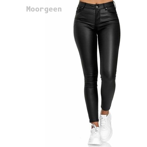 2021 Fashion Solid Color Leather Casual Pants Feet Pants Womens Pants Sexy Tight Ladies Stretch High Waist Pants