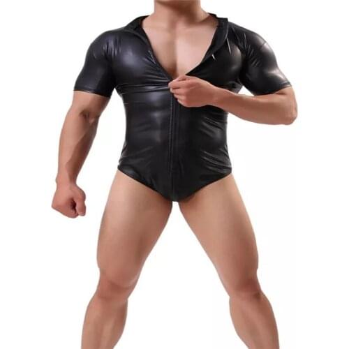 FR Mens Clothing Bodysuit Singlet,Mens Faux Leather BodySuit Underwear