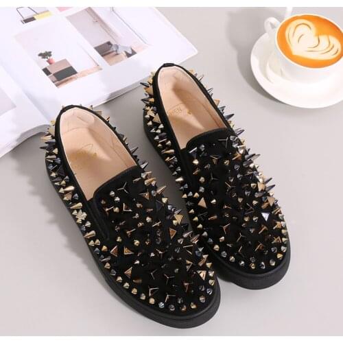 Mens Big Rivet Spikes Studded Real Leather Flats loafers Sneaker Low Top Punk Casual Shoes Black Red W001