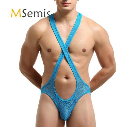 Mens Front Bulge Pouch Sheer Mesh Leotard Jockstrap UnderwearJumpsuits Sexy Racer Back Crisscross Wrestling Singlet Bodysuit