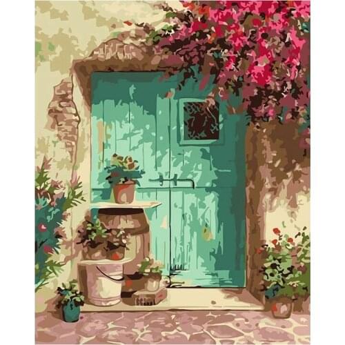 Paint By Numbers For Adults Beginner Blue Door With Flower,Acrylic Paint Paint By Numbers Kits On Canvas Decor 16X20inch