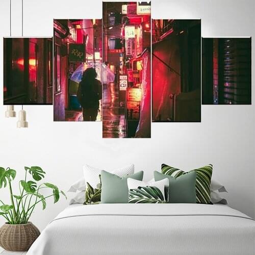 5 Pieces Wall Art Canvas Painting Neon Night Japan Street Landscape Poster Modern Living Room Framed Pictures Home Decoration