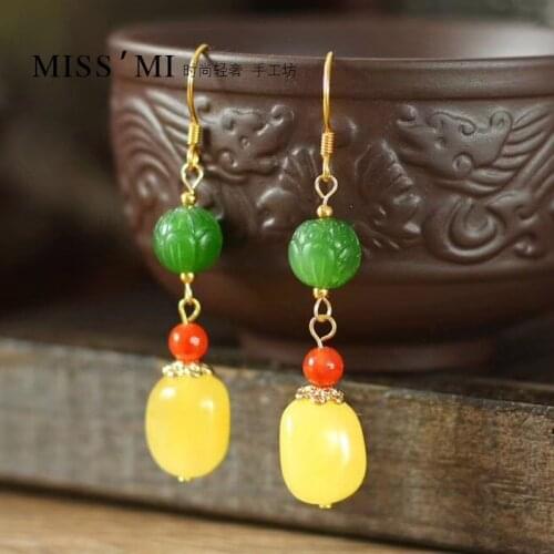 Natural 925 sterling silver gilded inlaid jasper lotus beads amber temperament amber women earrings gold earrings