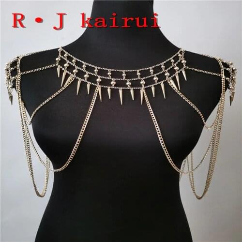 New RJBY15 Gold Chains Neck Shoulder Beads Plastic Rivets Body Jewelry Unique Design Top Costume Jewelry 2 Colors