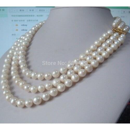 Free Shipping >>3 row strands natural 7-8mm akoya white pearl necklace