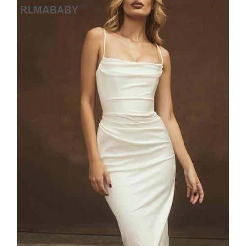 Summer Women Knee-Length Spaghetti Strap Dress Slim Off Shoulder Backless Ruched Bodycon Dress Elegant Party Sexy White Dress