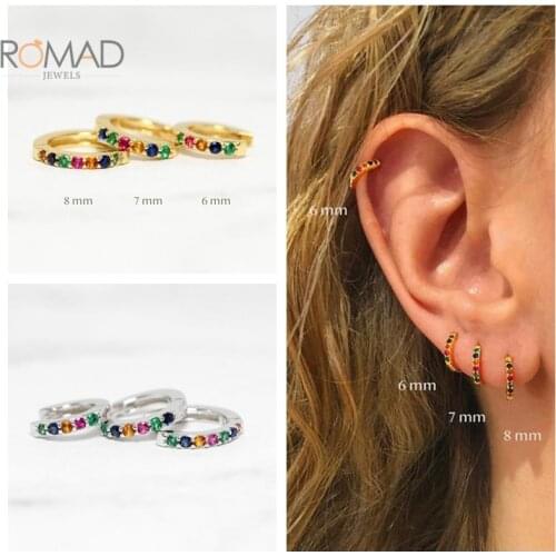 ROMAD 925 Sliver Colorful Zircon Crystals Huggies Earrings For Women Pendientes Plata 925 Hoop Earrings Skinny Rainbow Jewelry