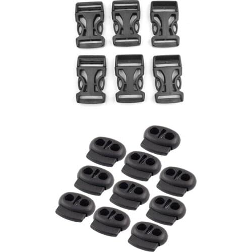 Retail 10 Pcs Spring Stopper Double Holes Cordlocks for Luggage & 6 Pcs 1 inch Plastic Side Release Buckles Black, 25mm