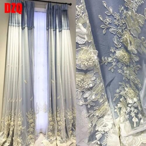 Net Red American Pastoral Window Curtains Fresh Embroidered Curtains Blue Cloth Gauze One Finished Bedroom Curtains