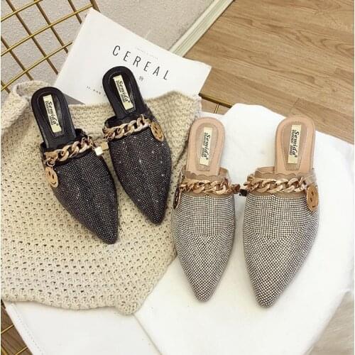 Female slippers Summer Fashion Rhinestone Lazy Flats Sandals Casual Slippers Metal Chain Slides women mules shoes