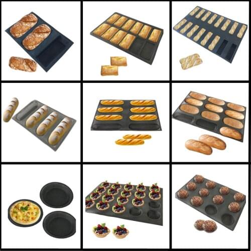 Silicone Glass Fiber Bread Baking Molds Various Baguette Long Loaf Pan Eclair Hamburger Moulds Black Porous Bakeware Tools