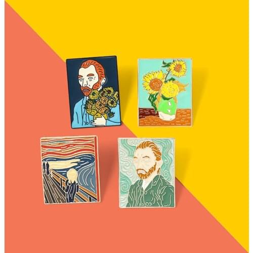 Van Gogh Sunflower Oil Painting Enamel Pins Custom The Scream Brooches Bag Clothes Lapel Pins Badge Art Jewelry Gift for Friends
