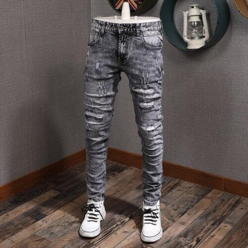 Vintage Gray Ripped Low Waist Jeans Men Streetwear Cotton Slim Fit Straight Stretch Denim Pants