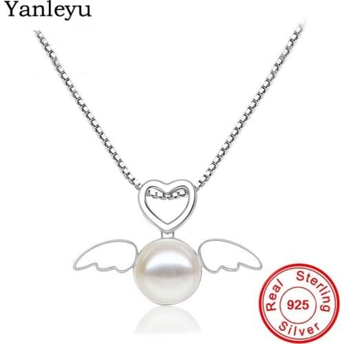 Yanleyu Elegant Pearl Pendant Necklace Sterling Solid Silver 925 Fine Jewelry Love Heart Angel Wing Necklace for Women PN062