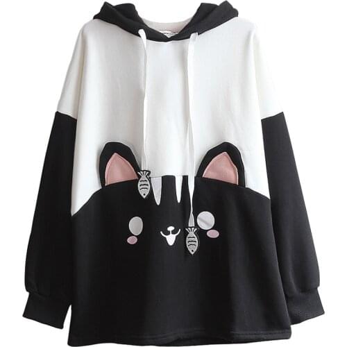 Japanese Cat Clothes Womens Cute Pullover Sweatshirt 2021 Autumn Fashion Harajuku Lolita Black Cat Graphic Kawaii Hooded Hoodie
