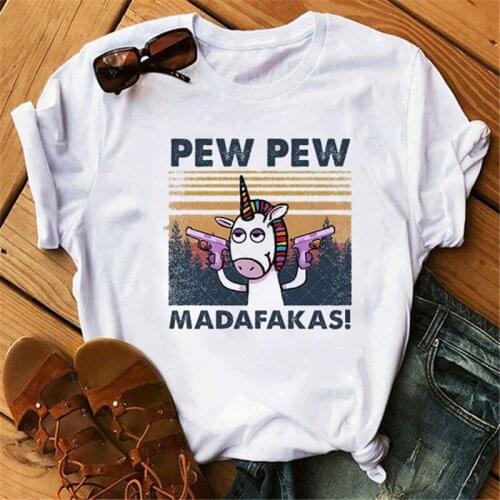 Female T-shirt Pew Madafakas Cat Gangster And Gun Meme Retro Womens Short Sleeve Harajuku Graphic T-Shirt Top Tee