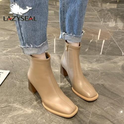 Lazyseal Square Toe Sewing Patent Leather Basic Women Boots Zipper 7cm High Heel Black Boots Botas For Women 2021 Botas De Mujer