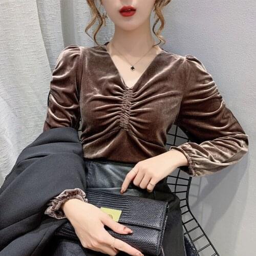 Woman Tshirts Pleuche Long Sleeve T-shirt Womens Autumn Winter Puff Sleeve V-neck Top Tops Mujer Camisetas