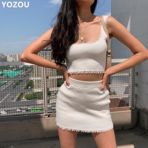 Summer women sets white black crop top cropped tank and mini skirts short skirts cute casual lace sexy knitwear femme sets YL-40
