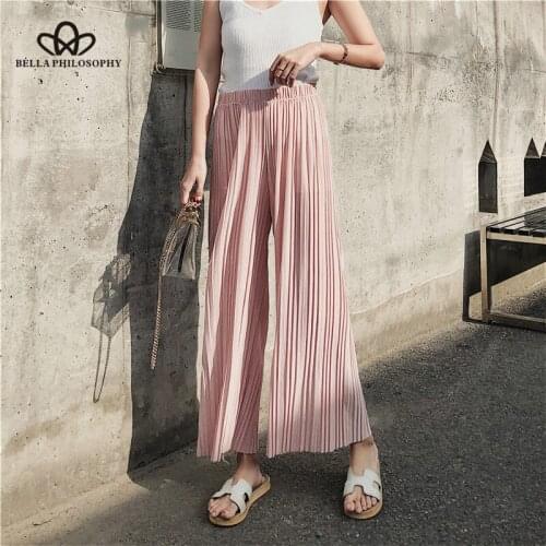 HStar 2020 summer chiffon women casual wide leg pants loose pleated ankle length pants elastic waist bottoms pants