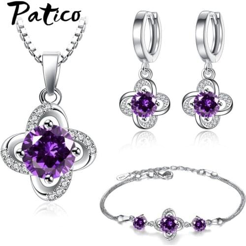 Luxury Brand Women 925 Sterling Silver Sets Flower Pendant Necklaces Drop Earrings AAA Cubic Zirconia Party Jewelry