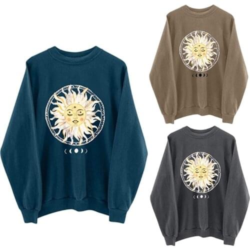 Women Casual Long Sleeve Crew Neck Sweatshirt Vintage Sun Moon Graphic Pattern Print Tunic Tops Oversized Loose Pullover Y1AC