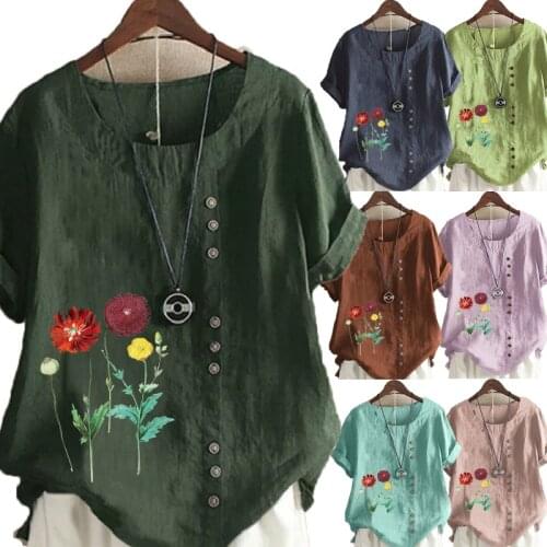 Womens New Fashion Round Neck Flowers Print Short Sleeve Top Loose Linen T-shirt Casual Top S-5XL