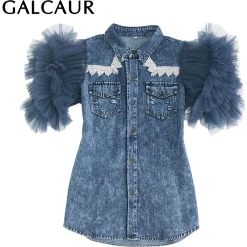 GALCAUR Casual Denim Coat For Female Lapel Collar Short Sleeve Patchwork Mesh Womens Coat 2021 Streetwear Fashion Tide New