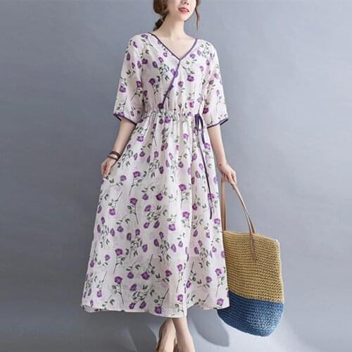 2021 New Arrival Fashion Print Floral Purple Summer Dress Soft Ramie Draw String Office Lady OL Work Dress Women Casual Dress