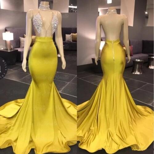 Yellow Prom Dresses Mermaid Deep V-neck Appliques Beaded Backless Sexy Long Prom Gown Evening Dresses Robe De Soiree