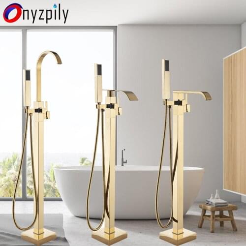 Onyzpily Golden Floor Mounted Bathroom Bathtub Faucet Standing 360 Rotation Swivel Spout with Flexible Hand Tap Mixer Shower