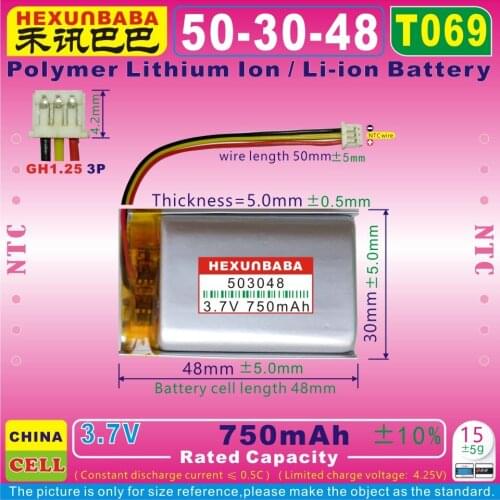 4pcs [T168] 3.7V 750mAh [503048] GH1.25 3P,NTC,Polymer Li-Ion Battery for WIRELESS EARPHONE Bang & Olufsen Beosound 2 PA-BO12