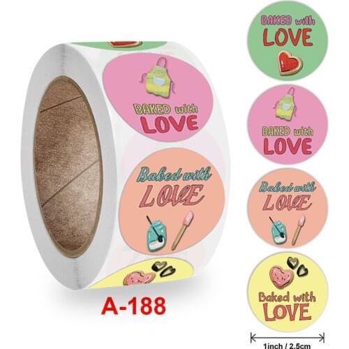 500pcs/roll Food Stickers Round Baked With Love Cute Labels for Childrens Day Scrapbooking Stickers 1 inch 4 Design Sticker