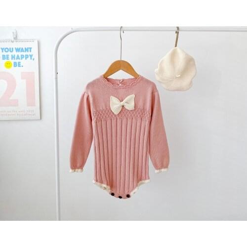 8384 Baby Girl Clothes Knitted Romper 2021 Autumn Bow Tie Long Sleeve Baby Girl One Piece Clothes Knitted Sweater Jumpsuit